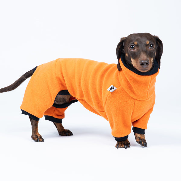 Fleece Overall für Dackel in der Farbe Orange