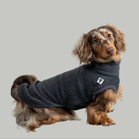 Fleece Shirt Dackel Anthrazit – Hundepullover und Hundekleidung für Dackel und Windhunde – Seitenansicht am Hund