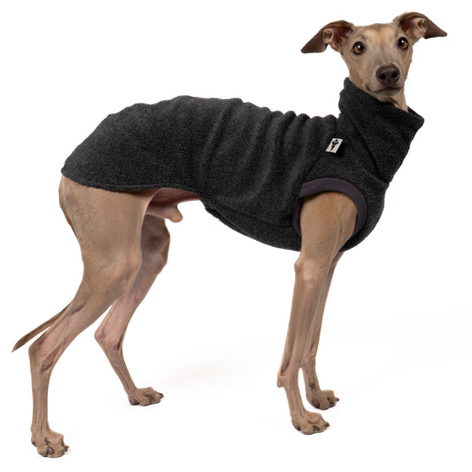 Fleece Shirt Iggy Anthrazit – hochwertige Hundekleidung für Dackel, Windspiele und Windhunde von Karma Hund Berlin – Ganzkörperansicht am Hund
