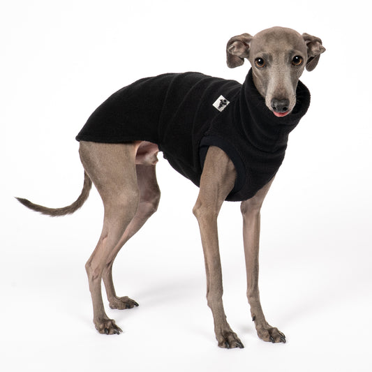 Fleece Shirt Iggy Schwarz – Hundepullover und Hundekleidung für Dackel und Windspiele – Seitenansicht am Hund