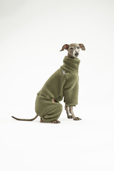 Windspiel im Overall aus Teddy-Stoff in Dark Olive beim Winterspaziergang