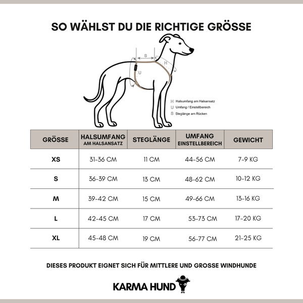 Whippet Geschirr Masstabelle