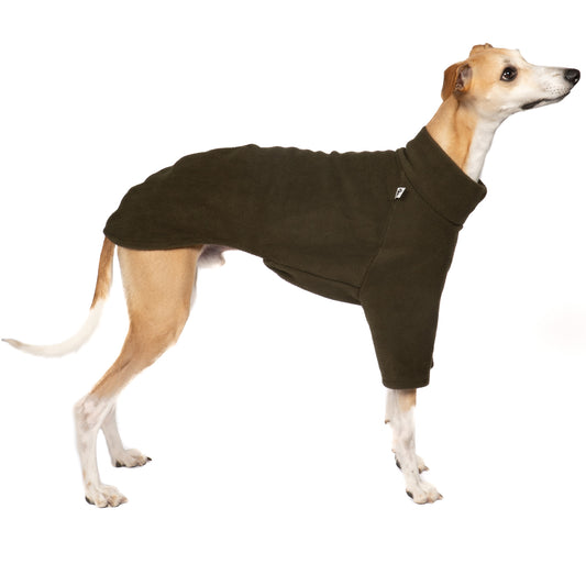 Pullover Windhund Dark Olive – Hundepullover und Hundekleidung für Dackel und Windhunde – Seitenansicht am Hund