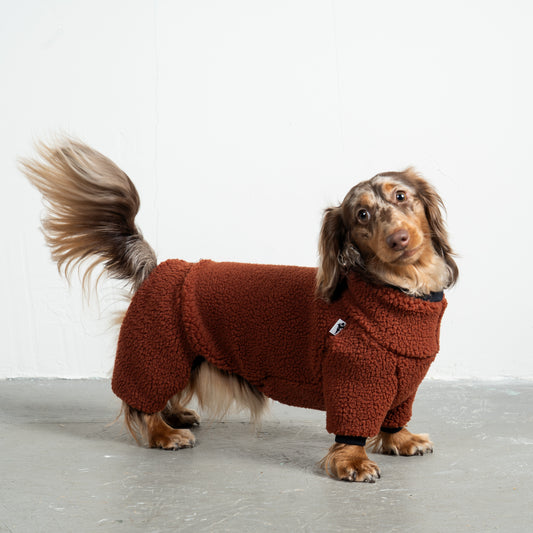 Teddy Overall Dackel Brown – hochwertige Hundekleidung für Dackel, Windspiele und Windhunde von Karma Hund Berlin – Hund seitlich