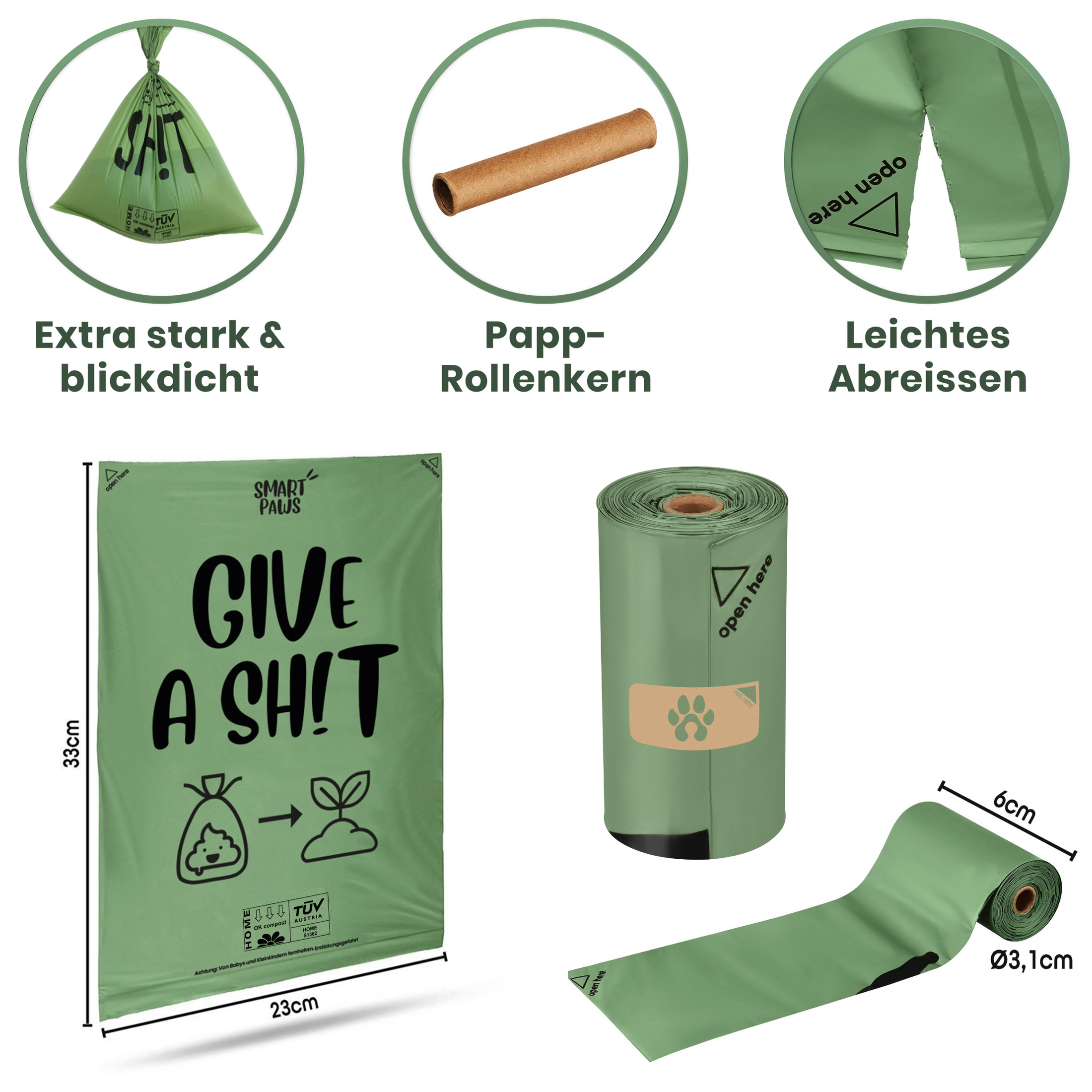Hundekotbeutel extra stark, blickdicht mit pPapp-Rollenkern und leicht abreissbar von Smart Paws